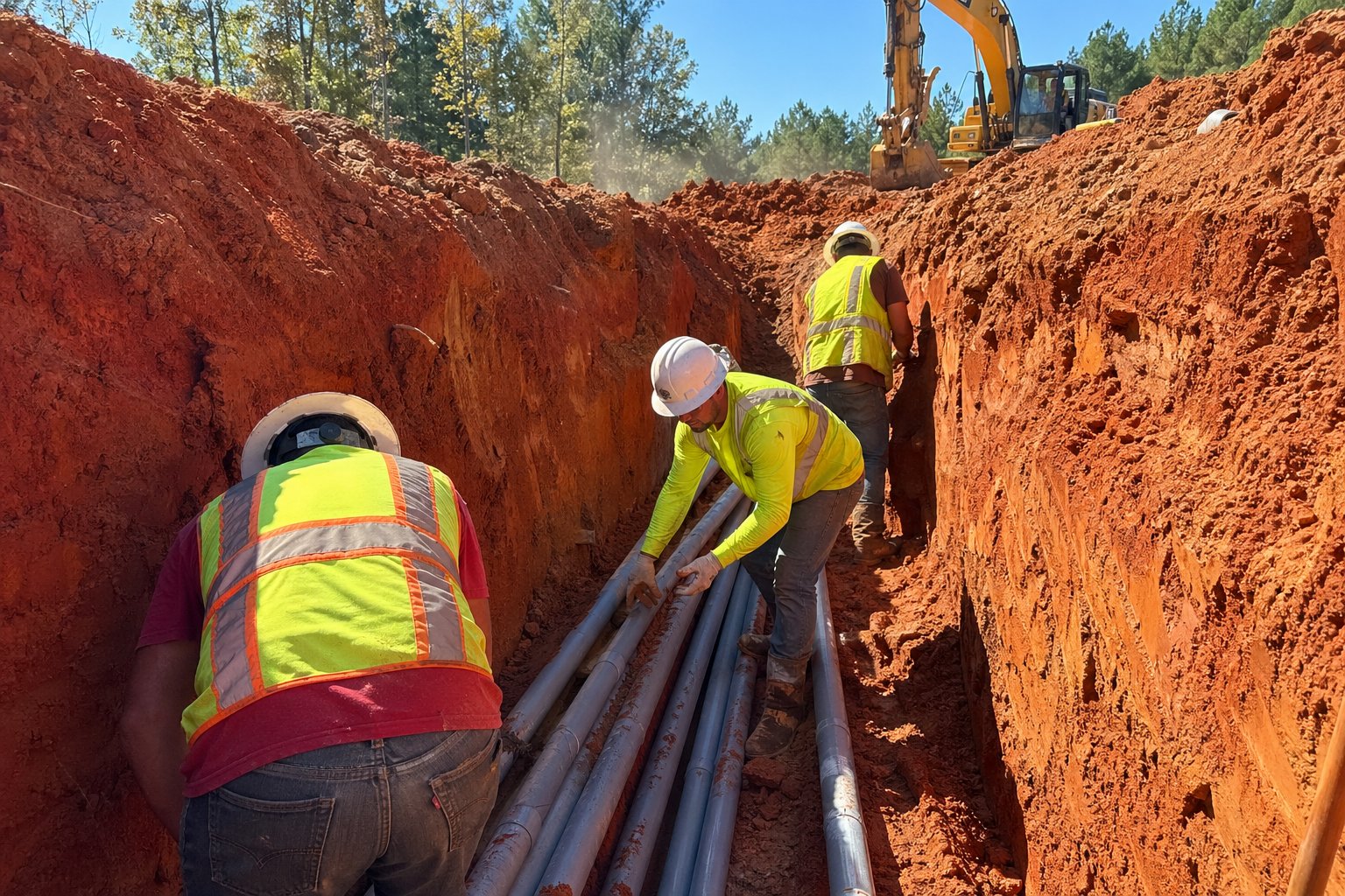 PMT|SITE crew installing multi-conduit underground utility lines with CAT excavators and directional drill