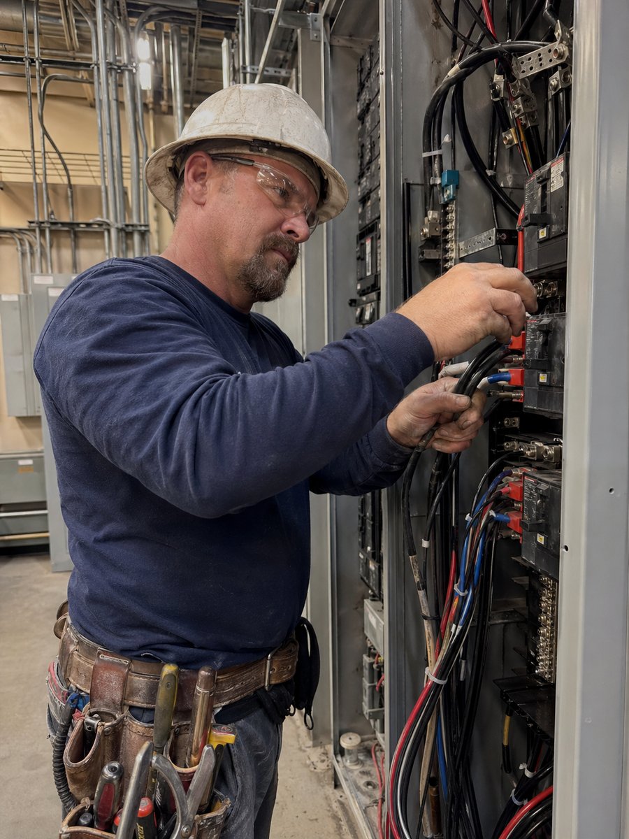 Commercial electrician installing power and building-systems wiring
